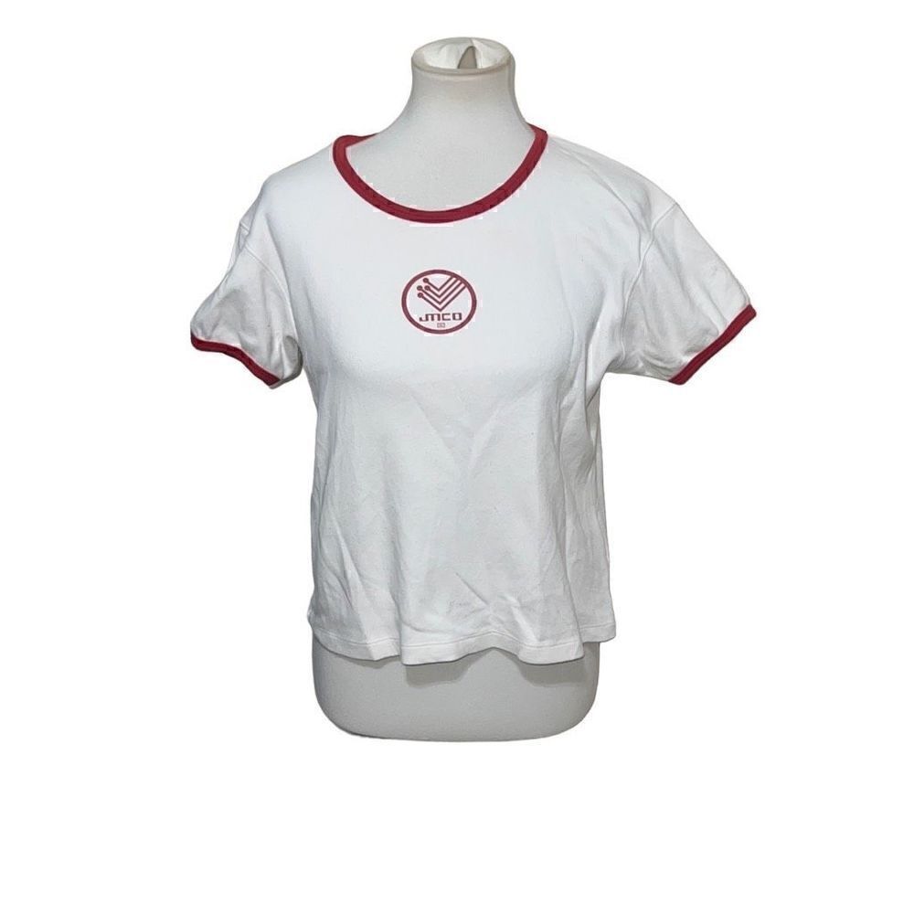 JNCO Jeans Girls Vintage Ringer Womens Tee White Red Spell Out Y2K Streetwear L